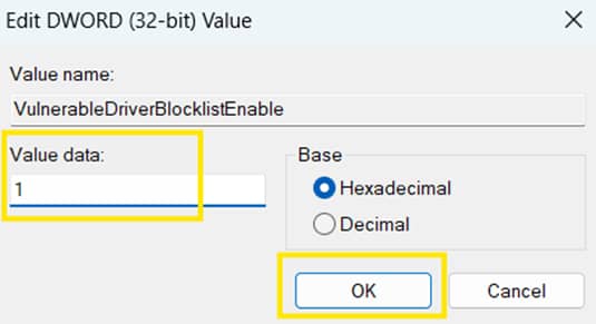 DWORD Value set to 1