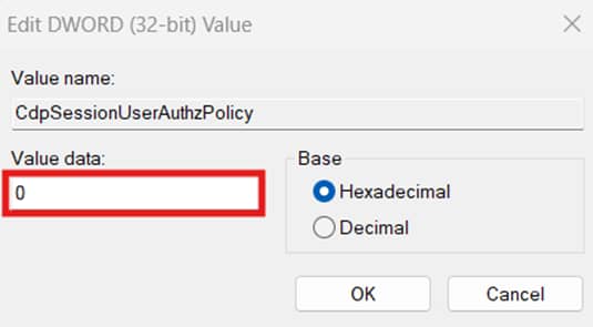 DWORD Value data set to 0
