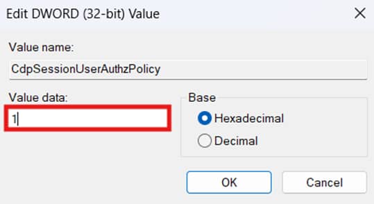 DWORD Value data set to 1