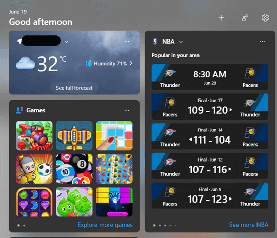 Hidden news feed section on Widgets panel