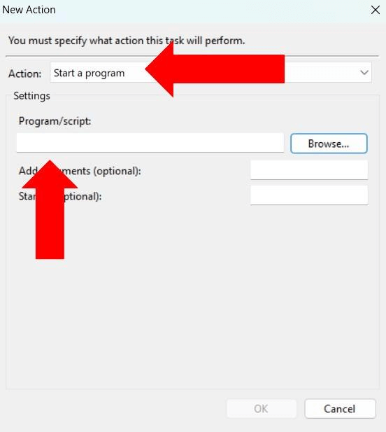 New Action window, Click the Action drop-down and select Start a program. 