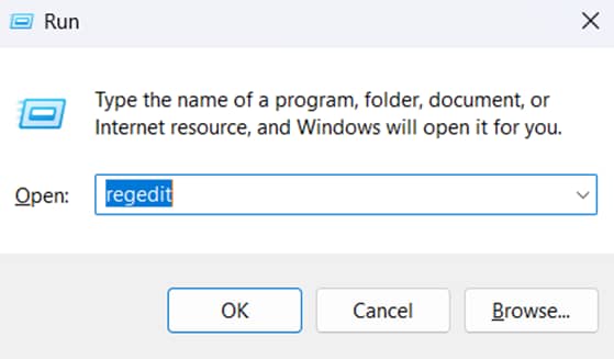Open Run dialog box and type Regedit