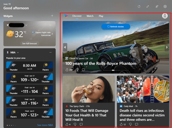 News feed on Widgets panel