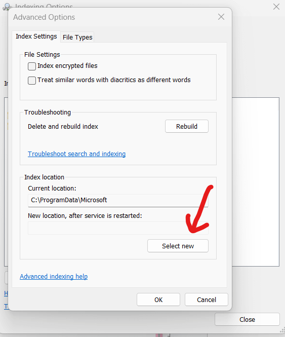 Click on the “Select New” button under “Index Location” 