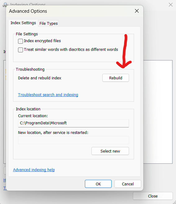 Slelect “Rebuild” under Advanced Settings 