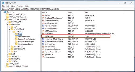 Fenster des Registrierungseditors mit Informationen zur BIOS/UEFI-Version