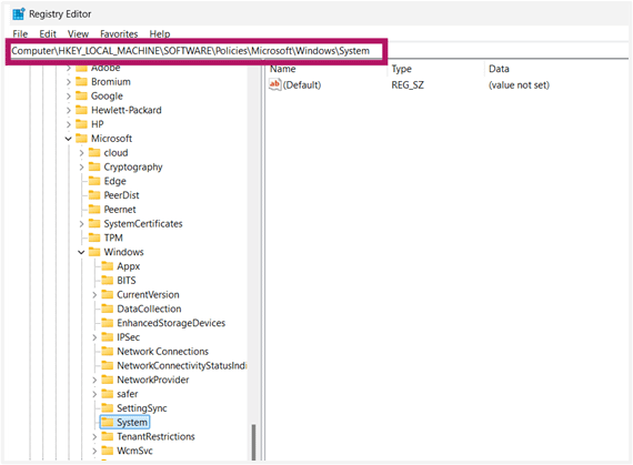 Registry Editor window and go HKEY_LOCAL_MACHINE,SOFTWARE,Policies,Microsoft,Windows,System