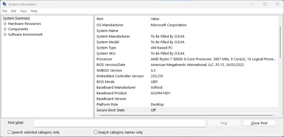 Systeminformationsfenster mit Anzeige des Secure Boot-Status