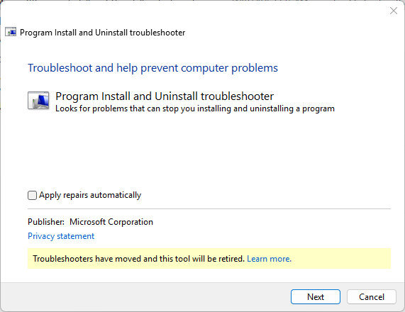 A window of Program Install and Uninstall Troubleshooter