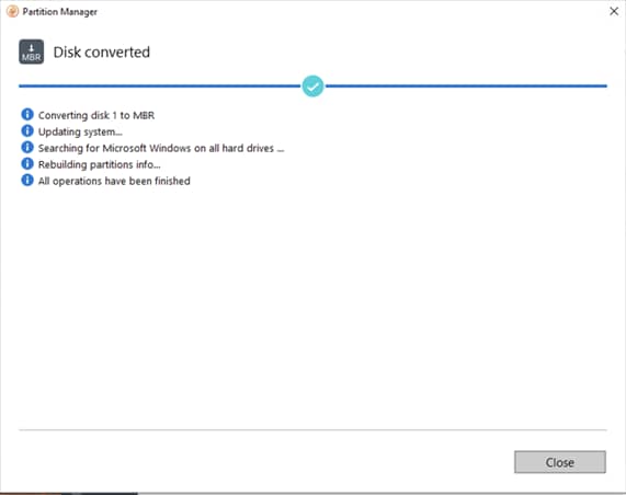 Partition Manager Disk Converted window status