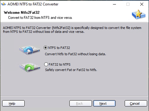 NTFS to FAT32 Converter window