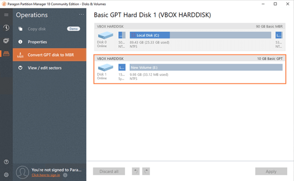 Partition Manager window for disks and volumes