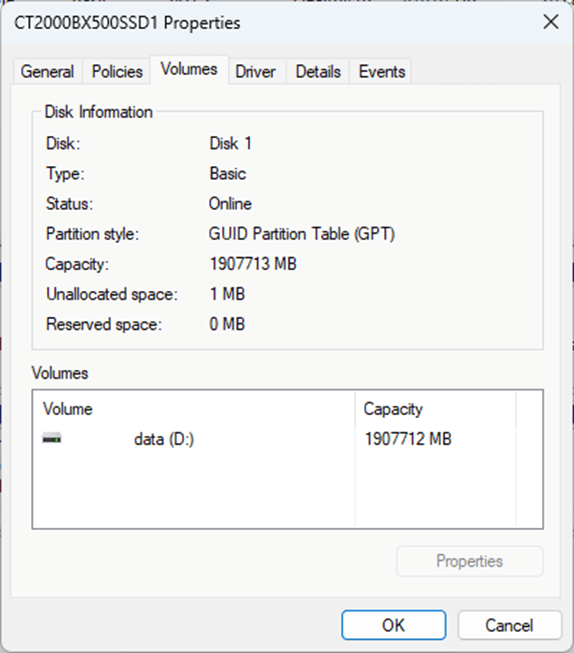 Disk properties information window