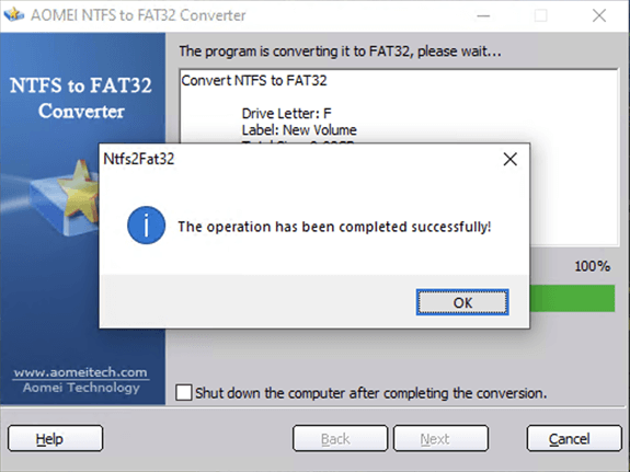 Successful NTFS to FAT32 Conversion window