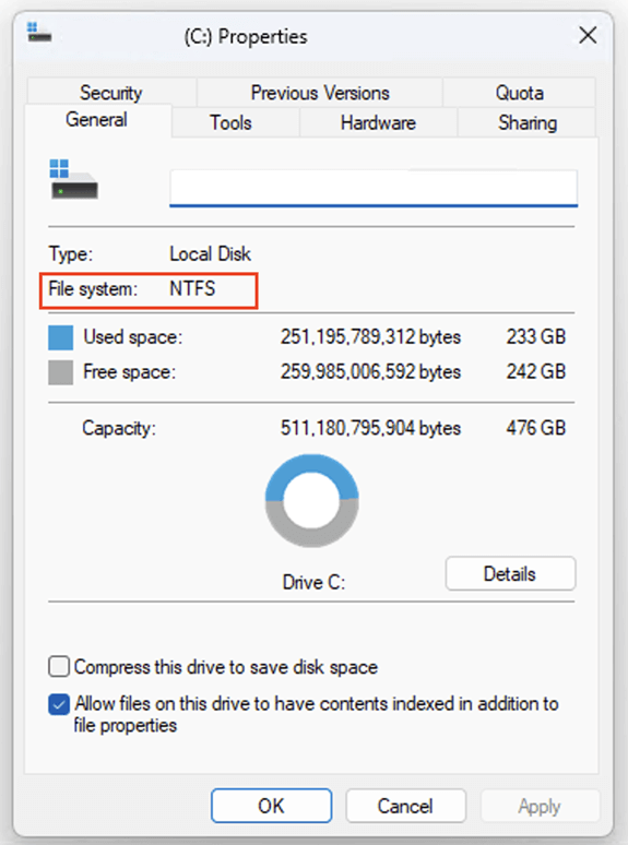 Window displaying Disk Properties and file system NTFS