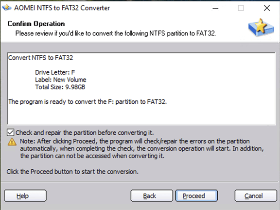 NTFS to FAT32 Converter check and repair window