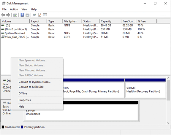 Disk Management window to convert to MBR disk