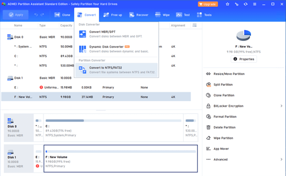 Disk Partition window showing conversion from NTFS to FAT32