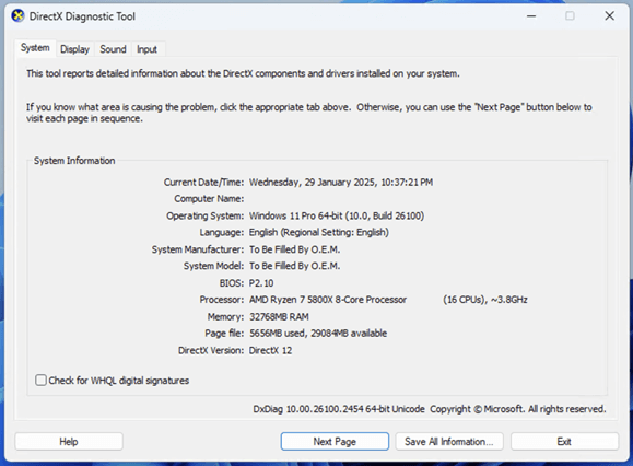 DirectX Diagnostic Tool window displaying BIOS/UEFI version