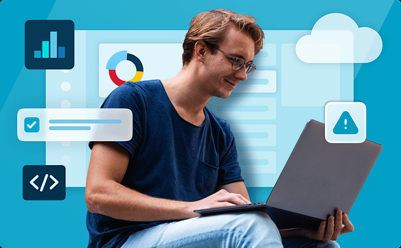 Happy IT professional using laptop with dashboard, alerts, and cloud icons representing monitoring and IT operations