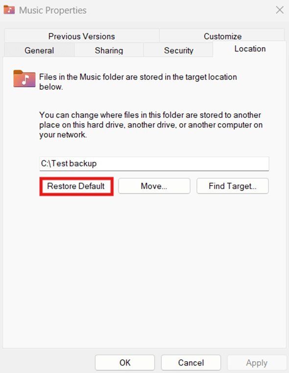 Restore default music folder location