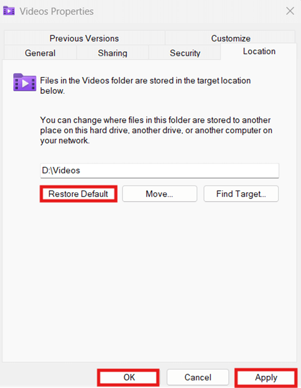 Restore Default button in Location tab