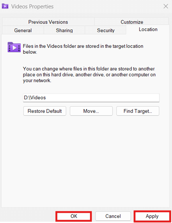 Apply and OK buttons for target location