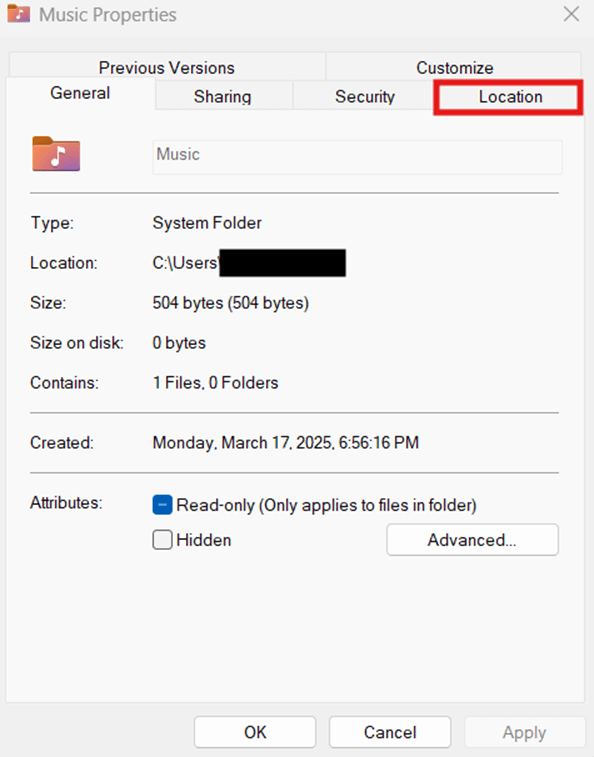 Music Properties window Location tab