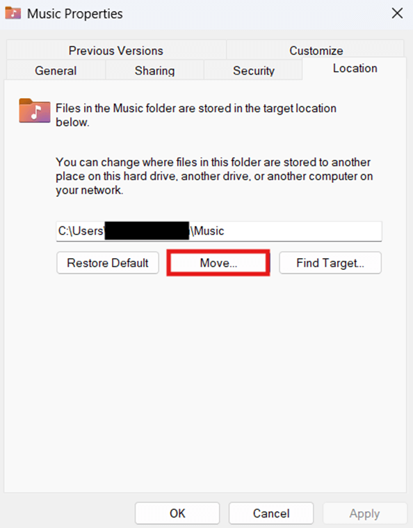 Change Music folder location using Move button