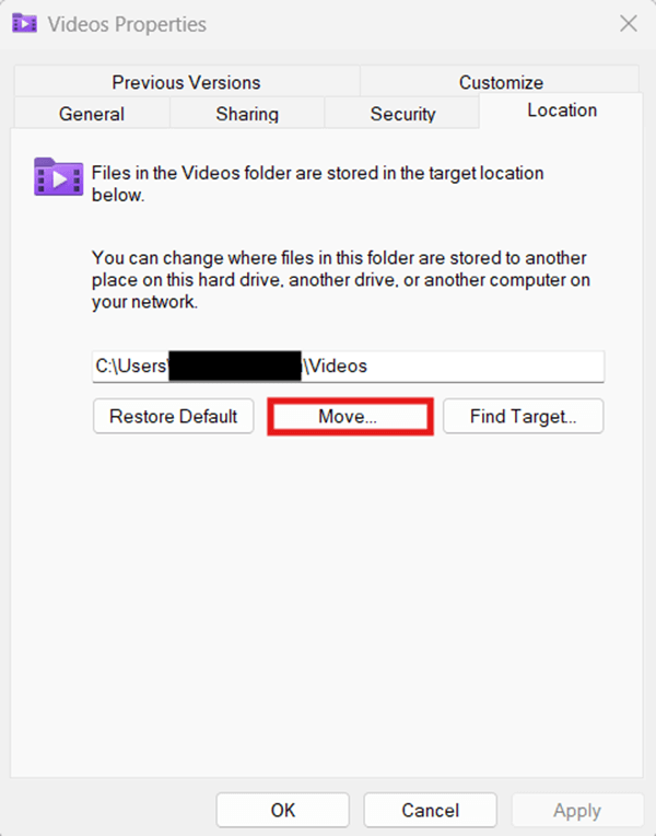 Move button in Location tab