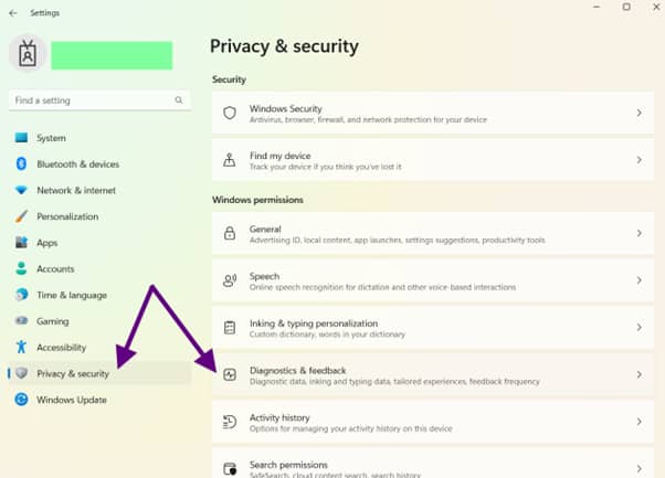 Gehen Sie auf Datenschutz & Sicherheit und wählen Sie dann Diagnose & Feedback