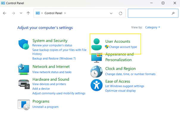 Control Panel Window > User Accounts