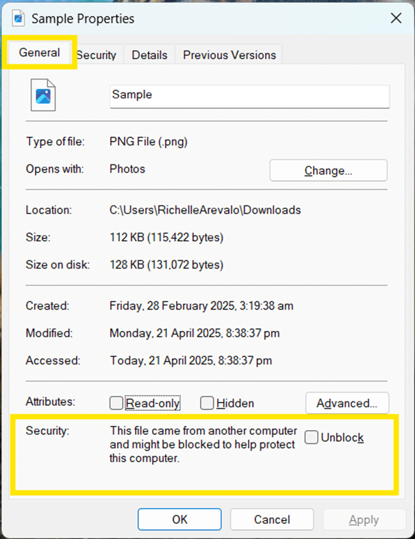 Select the blocked application and press Alt + Enter to open its Properties. Then Under the General tab, look for the Security section near the bottom. 