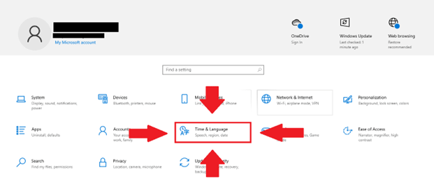 Windows Settings app with Time & Language option