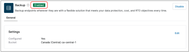 Backup tile displayed as enabled