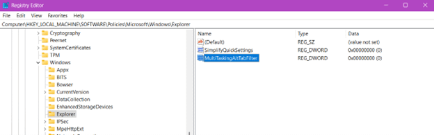 Open Registry editor go to Explorer folder under windows find MultiTaskingAltTabFilter DWORD
