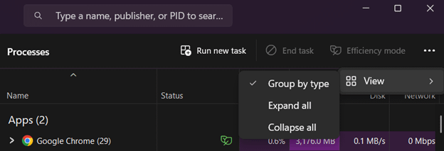 On the right pane, click the See more button (•••) and hover over View.