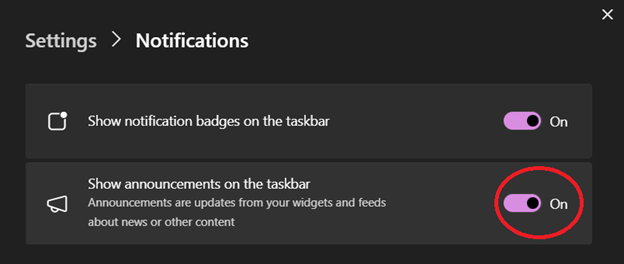 Show announcements on the taskbar toggle button