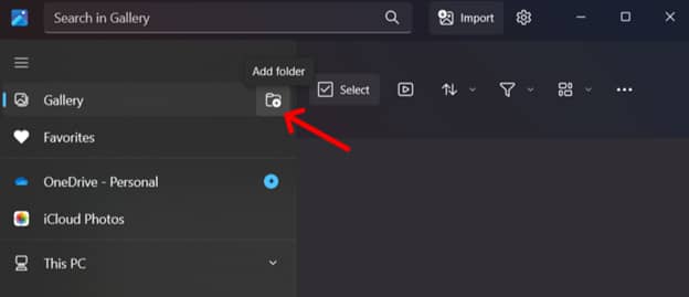 Photos App click Gallery and select Add Folder