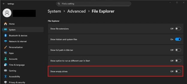 Show empty drives toggle button