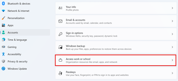 Access work or school option under Accounts settings