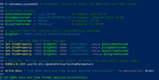 PowerShell script that applies ISO 8601 date and time format