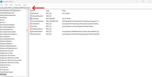 Registry Editor window and navigate to : HKEY_CLASSES_ROOT\Directory