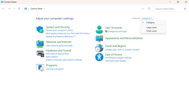 In control panel, Set View by on the top-right corner to Category