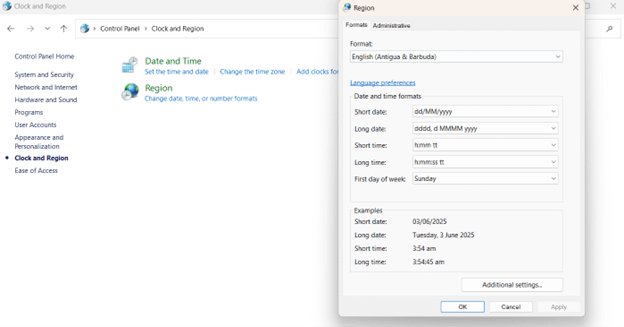 Region settings, Select the Formats tab