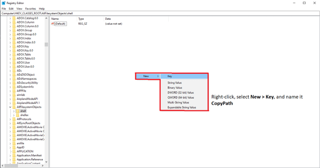 Creating Copypath key. Right-click inside the shell, select New > Key, and name the created folder CopyPath.