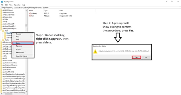 Delete the CopyPath key. Under shell, right-click CopyPath, then press Delete. 