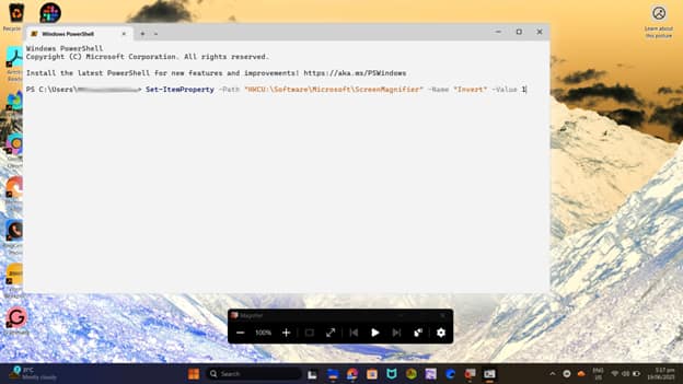 Open powershell and paste the command to disable invert colors
