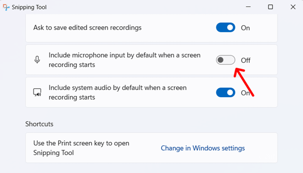 Opzione per includere l'ingresso del microfono per impostazione predefinita quando si avvia una registrazione dello schermo con lo strumento di cattura.