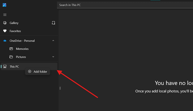 Photos App on the left pane select source/folder and click Add Folder